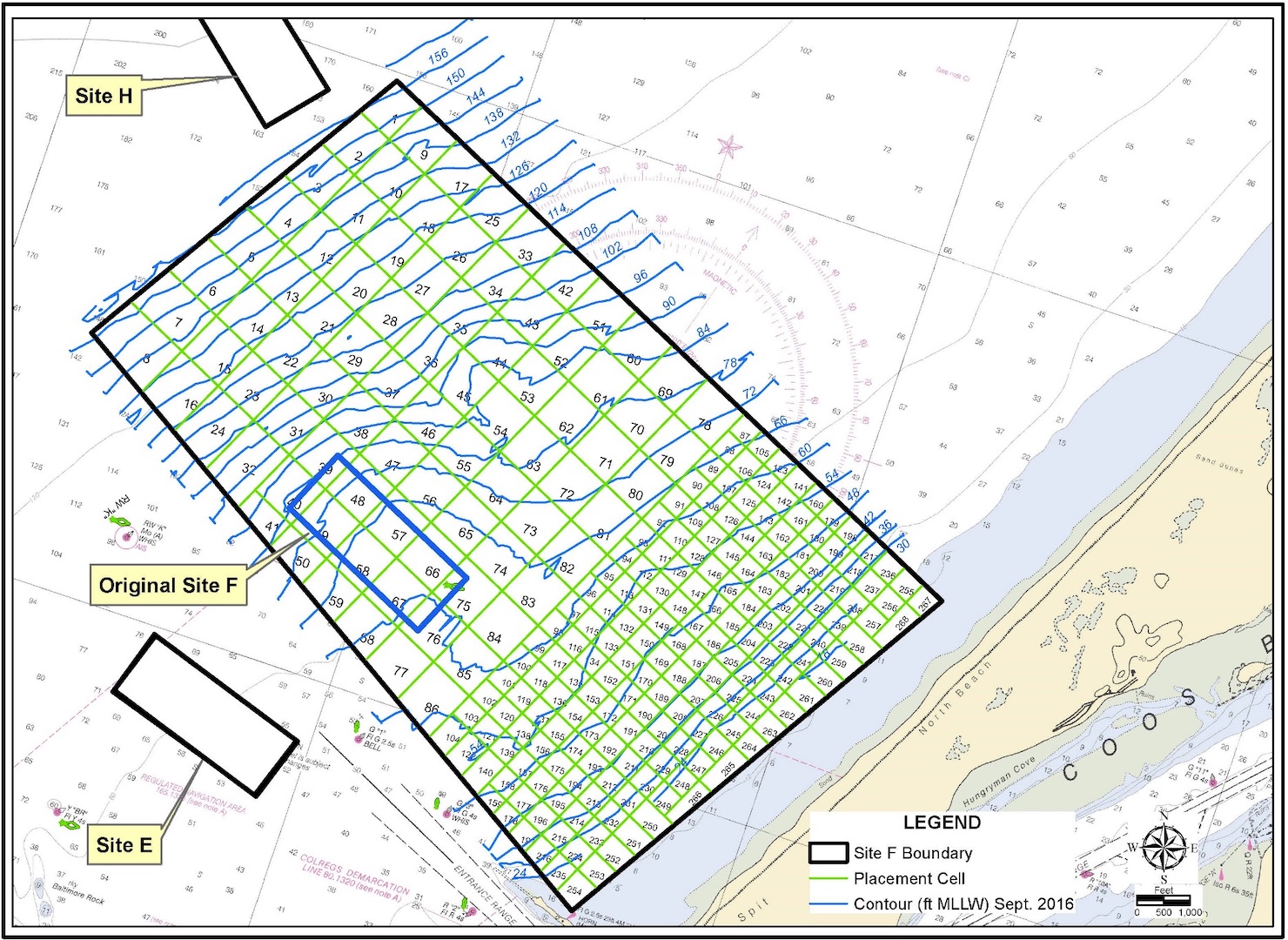 Diagram of Coos Bay Site F with its Associated placement Cells and Bathymetric Contours